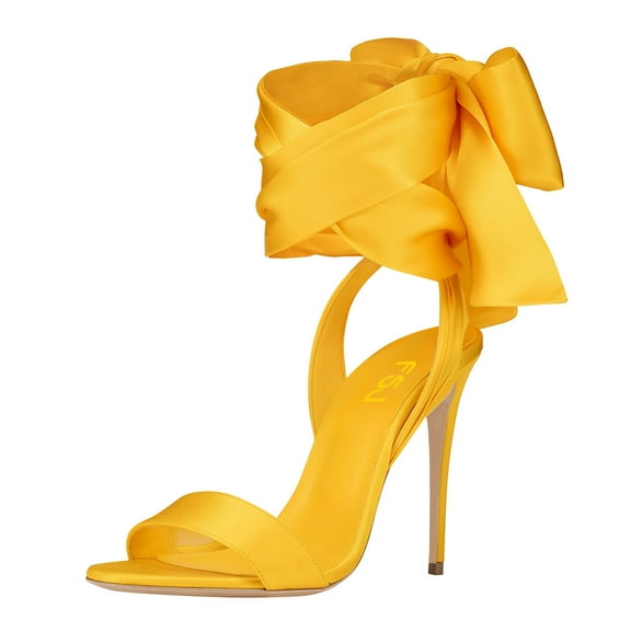 FSJ Women Bridals Round Open Toe Back Bowknot Sandals Lace-up Satin Stiletto High Heel Ankle Strap Sandals Wedding Dressy Shoes Size 12 Yellow