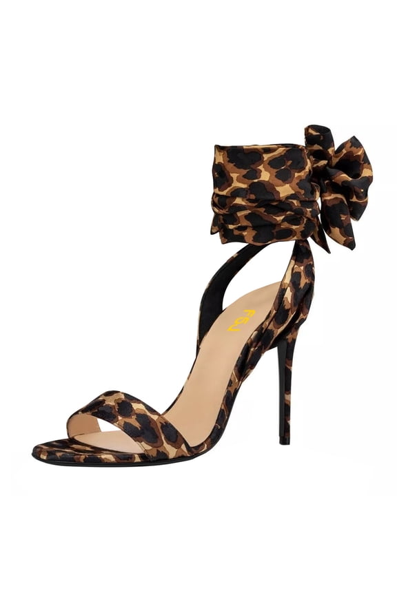 Women Bridals Round Open Toe Back Bowknot Sandals Lace-up Satin Stiletto High Heel Ankle Strap Sandals Wedding Dressy Shoes Size 14 Leopards