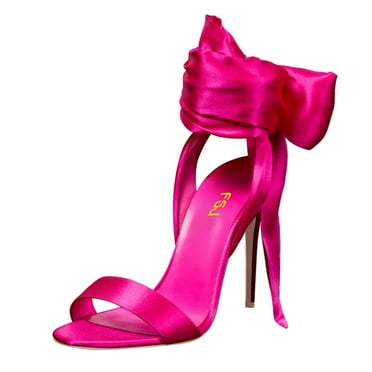 FSJ Women Bridals Round Open Toe Back Bowknot Sandals Lace-up Satin Stiletto High Heel Ankle Strap Sandals Wedding Dressy Shoes Size 7 Pink