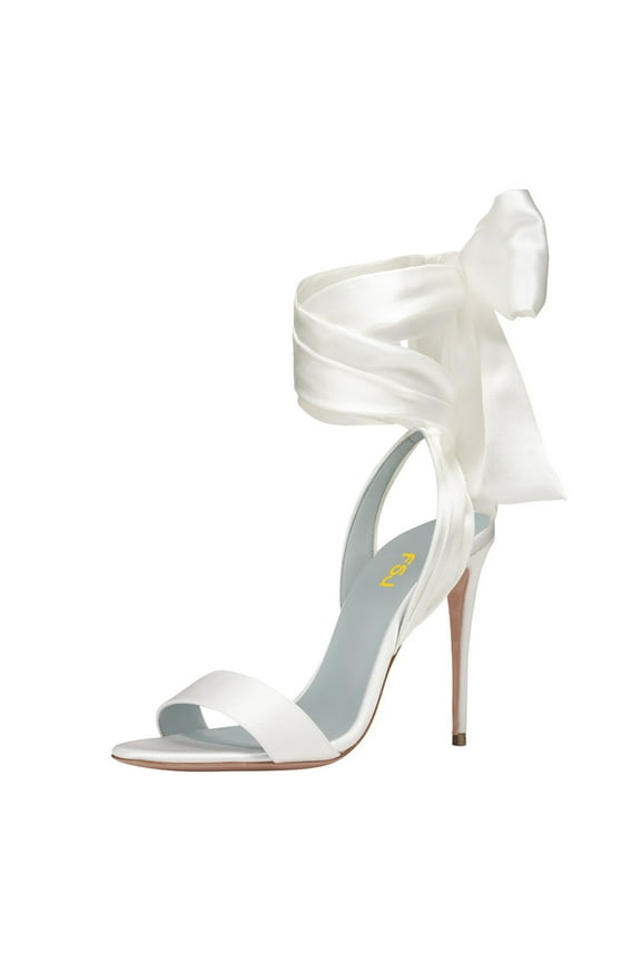 Women Bridals Round Open Toe Back Bowknot Sandals Lace-up Satin Stiletto High Heel Ankle Strap Sandals Wedding Dressy Shoes Size 7 White