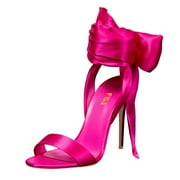 FSJ Women Bridals Round Open Toe Back Bowknot Sandals Lace-up Satin Stiletto High Heel Ankle Strap Sandals Wedding Dressy Shoes Size 8.5 Pink