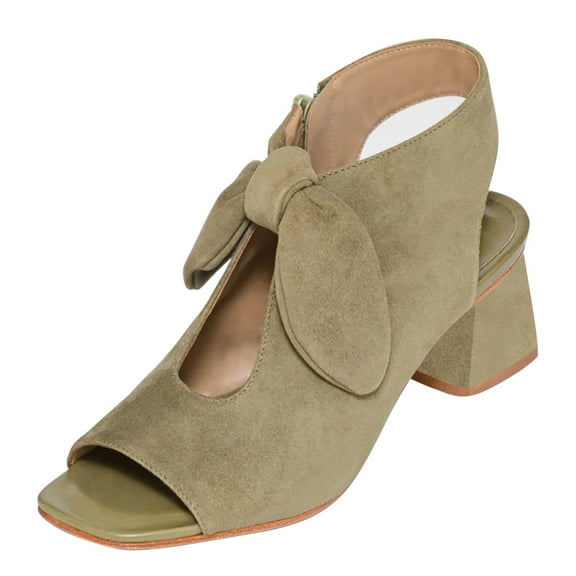 FSJ Women Casual Bowknot Peep Toe Sandals Chunky Low Heel Sandal Booties Hollow Cutout Slingback Zipper Comfortable Dress Shoes Size 8 Pale Green