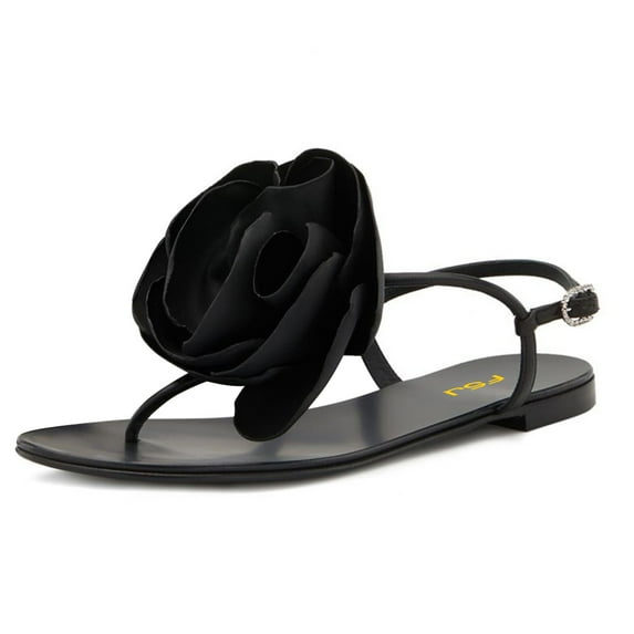 FSJ Women Casual Flower Thong Flat Sandals Adjustable Ankle Strap Buckle Casual Flip Flops Summer Beach Dress Shoes Size 10 Black