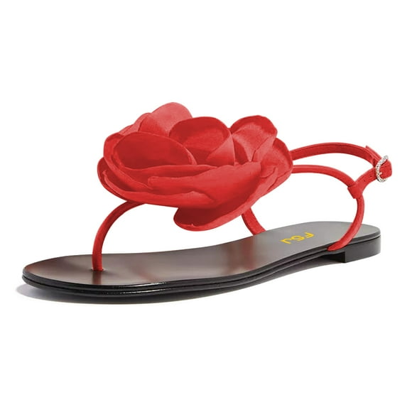 FSJ Women Casual Flower Thong Flat Sandals Adjustable Ankle Strap Buckle Casual Flip Flops Summer Beach Dress Shoes Size 9.5 Red