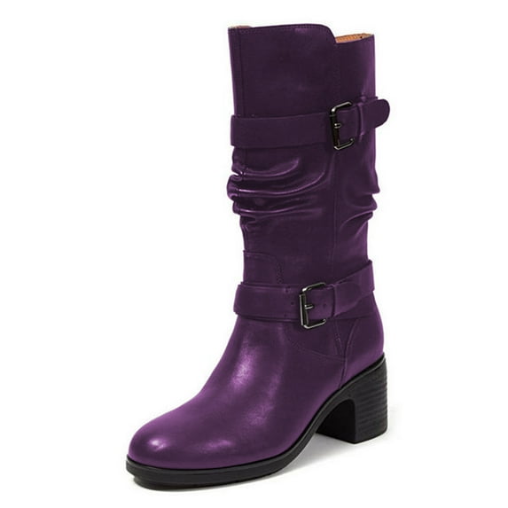 FSJ Women Casual Round Closed Toe Mid Calf Boots Chunky Low Heel Double Metal Buckle Strap Side Zipper Fashion Mid Knee High Shoes Size 15 Purple