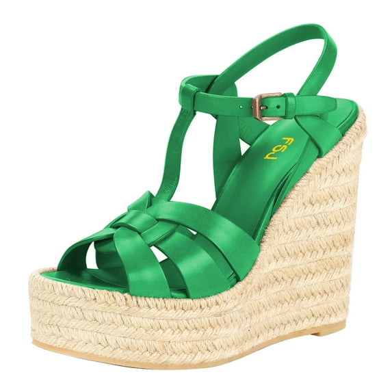 FSJ Women Casual Round Open Toe Espadrille Ankle Strap Platform Wedge Heels Sandals Woven Cutout Summer Dress Comfort Shoes Size 10 Green