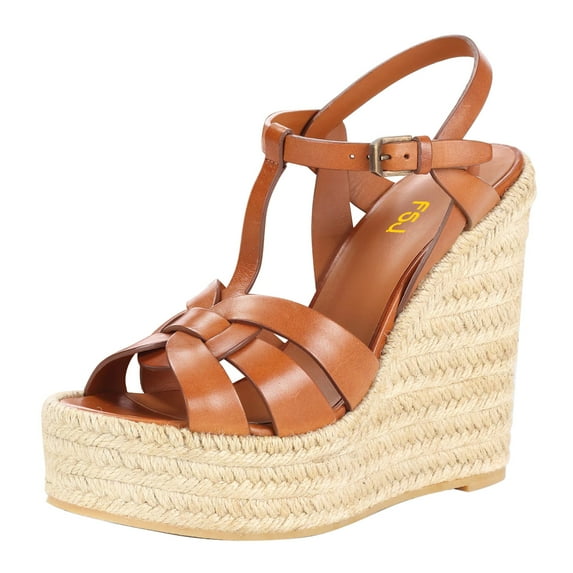 FSJ Women Casual Round Open Toe Espadrille Ankle Strap Platform Wedge Heels Sandals Woven Cutout Summer Dress Comfort Shoes Size 14 Brown