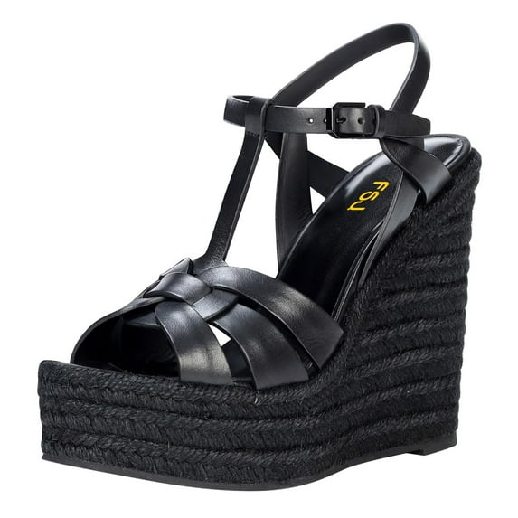 FSJ Women Casual Round Open Toe Espadrille Ankle Strap Platform Wedge Heels Sandals Woven Cutout Summer Dress Comfort Shoes Size 15 Black