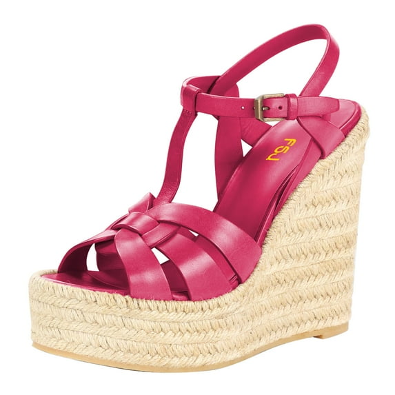 FSJ Women Casual Round Open Toe Espadrille Ankle Strap Platform Wedge Heels Sandals Woven Cutout Summer Dress Comfort Shoes Size 5.5 Pink