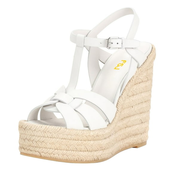 FSJ Women Casual Round Open Toe Espadrille Ankle Strap Platform Wedge Heels Sandals Woven Cutout Summer Dress Comfort Shoes Size 8.5 White