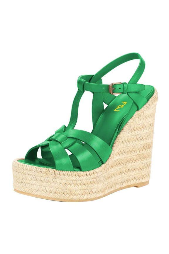 Women Casual Round Open Toe Espadrille Ankle Strap Platform Wedge Heels Sandals Woven Cutout Summer Dress Comfort Shoes Size 8 Green
