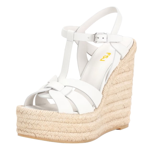 FSJ Women Casual Round Open Toe Espadrille Ankle Strap Platform Wedge Heels Sandals Woven Cutout Summer Dress Comfort Shoes Size 8 White