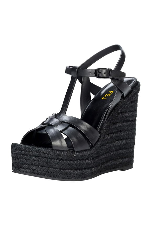 Women Casual Round Open Toe Espadrille Ankle Strap Platform Wedge Heels Sandals Woven Cutout Summer Dress Comfort Shoes Size 9 Black