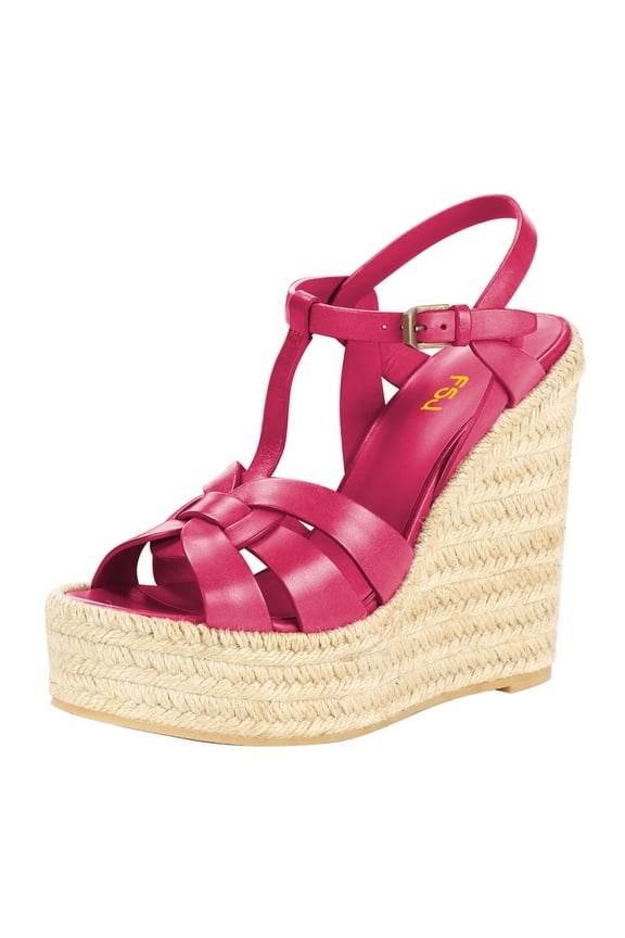 Women Casual Round Open Toe Espadrille Ankle Strap Platform Wedge Heels Sandals Woven Cutout Summer Dress Comfort Shoes Size 9 Pink