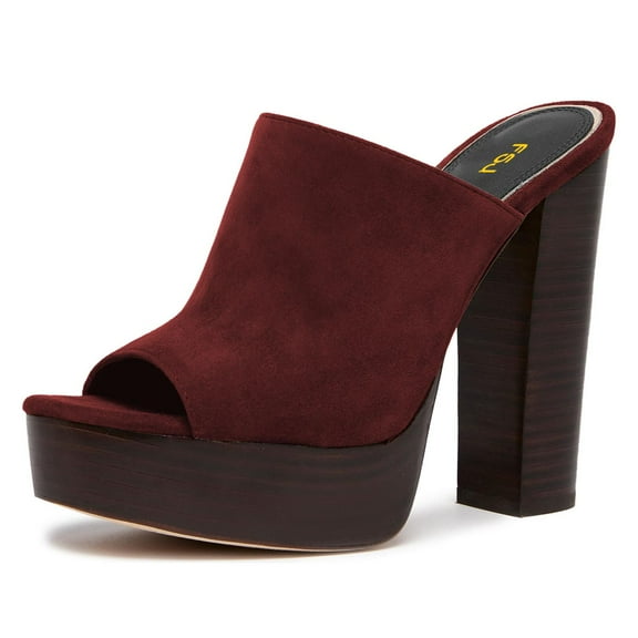FSJ Women Casual Round Open Toe Mules Platform Slides Sandal Backless Wooden Block Chunky Heel Summer Dressy Slippers Shoes Size 6 Red