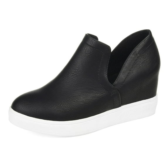 FSJ Women Casual Slip On Sneakers Side V Cut Ankle Booties Round Closed Toe Pumps Platform Wedge Heel Sandals Fashion Shoes Size 7 Black