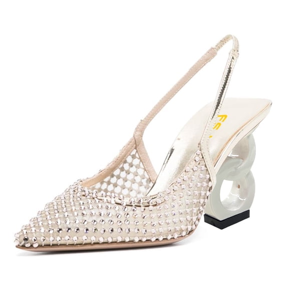 FSJ Women Chain Chunky Block Heel Pointed Closed Toe Slingback Sandals Slip On Sparkly Rhinestones Upper Summer Pumps Dress Party Shoes Size 6 Silver
