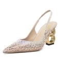 thumbnail image 1 of FSJ Women Chain Chunky Block Heel Pointed Closed Toe Slingback Sandals Slip On&nbsp;Sparkly Rhinestones Upper Summer Pumps Dress Party Shoes Size 8 Beige, 1 of 4