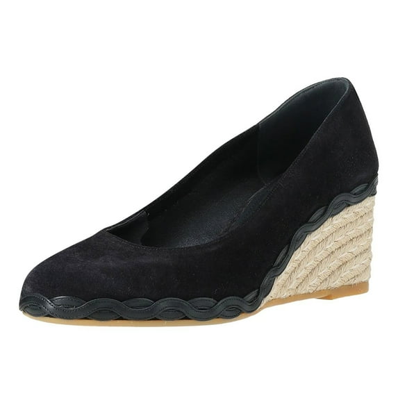 FSJ Women Charming Braided Espadrille Wedge Mid Heel Pumps Round Closed Toe Slip On Casual Office Party Formal Shoes Size 14 Black