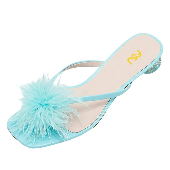 FSJ Women Charming Furry Feather Thong Sandals Flat Slide Flip Flops Slipper Clear Block Low Heel Comfortable Dress Shoes Size 12 Blue