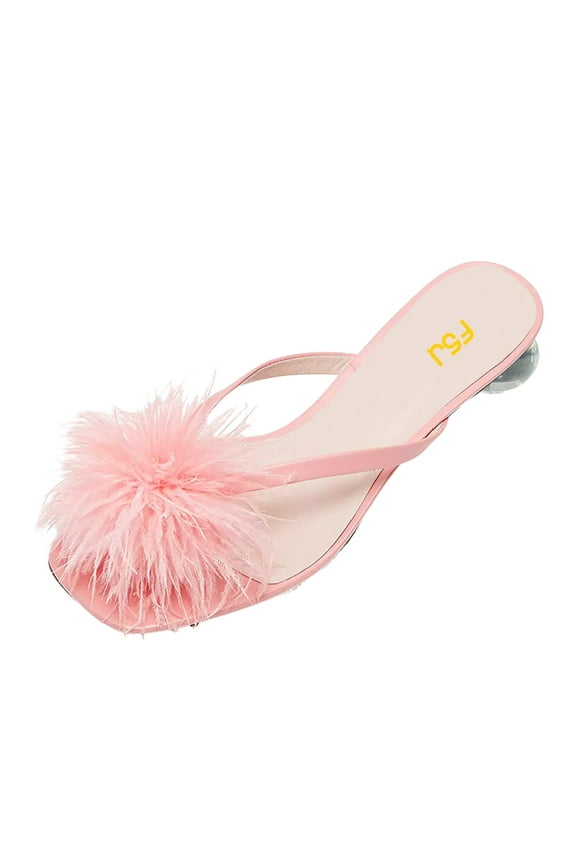 Women Charming Furry Feather Thong Sandals Flat Slide Flip Flops Slipper Clear Block Low Heel Comfortable Dress Shoes Size 14 Pink
