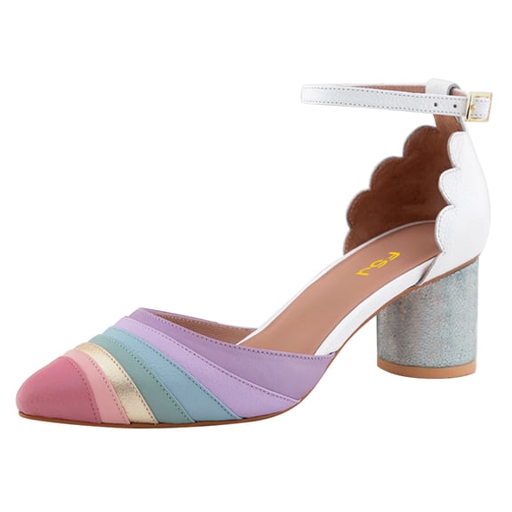 FSJ Women Chic Block Chunky Low Heels Pumps Rainbow Pointed Closed Toe Ankle Strap Buckle D'Orsay Sandals Multicolor Ladies Party Office Shoes Size 11 White Rainbow