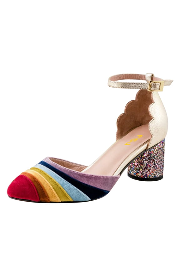 Women Chic Block Chunky Low Heels Pumps Rainbow Pointed Closed Toe Ankle Strap Buckle D'Orsay Sandals Multicolor Ladies Party Office Shoes Size 11 Gold Rainbow