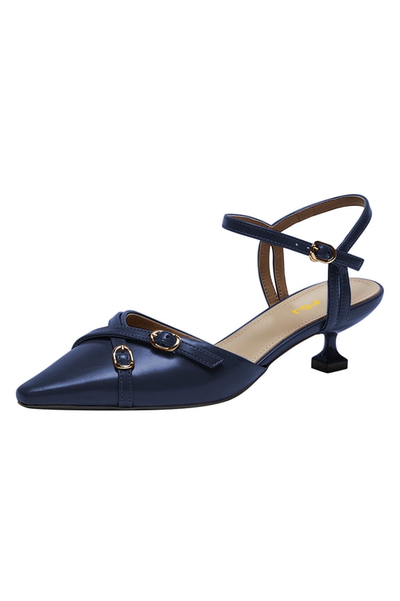 Women Chic Buckled Ankle Strap Pointed Closed Toe Pumps Kitten Low Heels Slingback Office Daily Casual Shoes Size 6.5 Navy