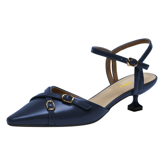 FSJ Women Chic Buckled Ankle Strap Pointed Closed Toe Pumps Kitten Low Heels Slingback Office Daily Casual Shoes Size 8 Navy