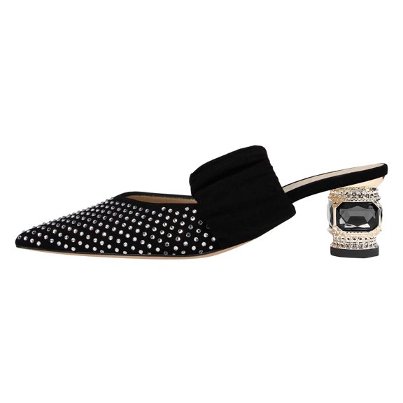 FSJ Women Chic Crystal Chunky Low Heel Mule Elastic Strap Pointy Close Toe Sandal Slip On Backless Slippers Slides Shoes Size 10.5 Black Rhinestone