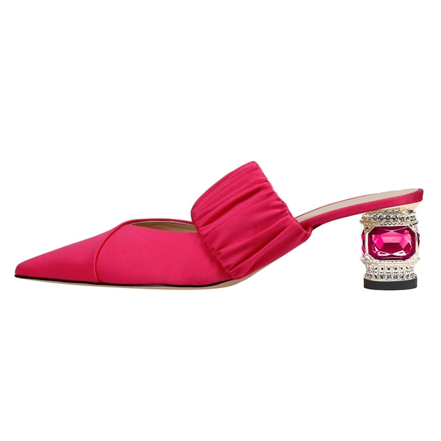 FSJ Women Chic Crystal Chunky Low Heel Mule Elastic Strap Pointy Close Toe Sandal Slip On Backless Slippers Slides Shoes Size 16 Pink