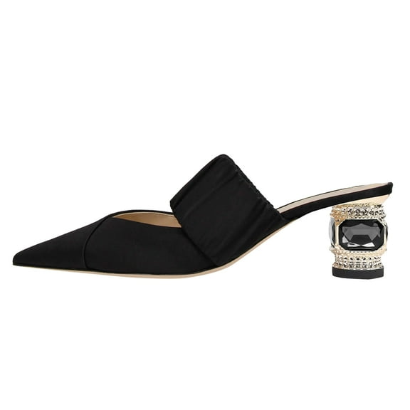 FSJ Women Chic Crystal Chunky Low Heel Mule Elastic Strap Pointy Close Toe Sandal Slip On Backless Slippers Slides Shoes Size 8 Black