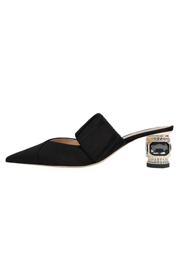 Women Chic Crystal Chunky Low Heel Mule Elastic Strap Pointy Close Toe Sandal Slip On Backless Slippers Slides Shoes Size 8 Black