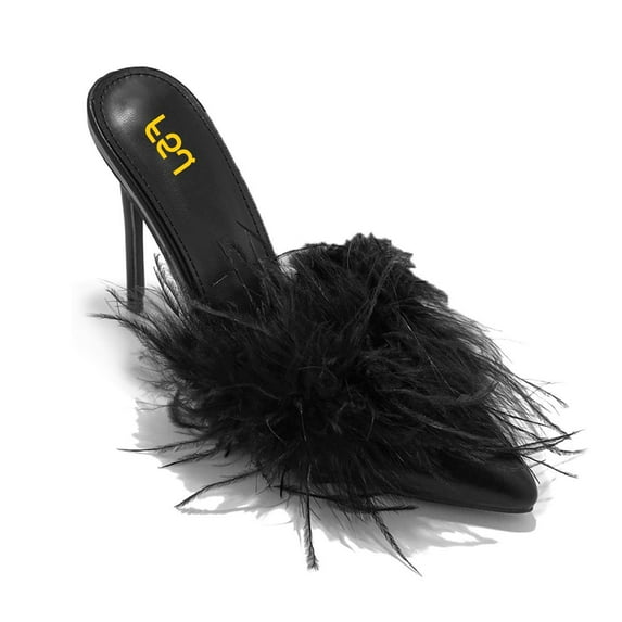 FSJ Women Chic Fur Feather Slip on Mules Pointed Toe Stiletto High Heels Fashion Event Date Backless Pumps Size 10 Black