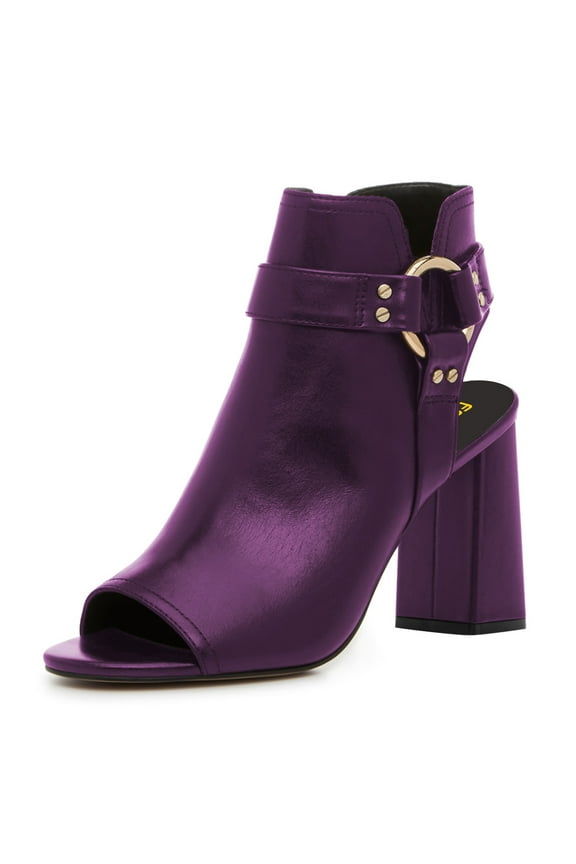 Women Chic Peep Open Toe Ankle Booties Block High Heel Metal Buckle Sandal Pumps Cutout Ankle Strap Zipper Party Shoes Size Size 8.5 Purple