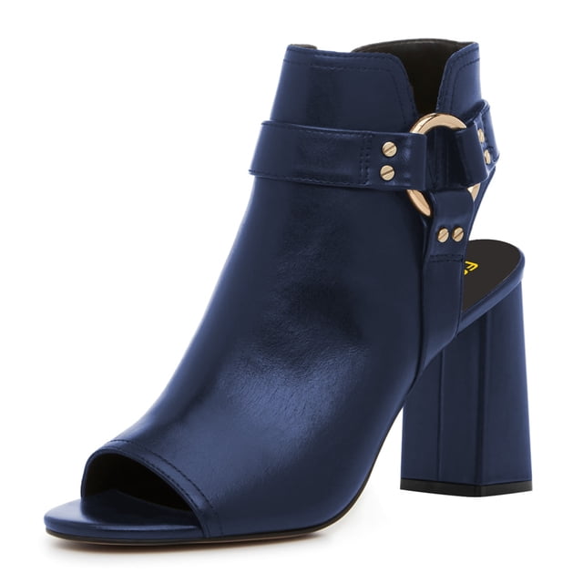 FSJ Women Chic Peep Open Toe Ankle Booties Block High Heel Metal Buckle Sandal Pumps Cutout Ankle Strap Zipper Party Shoes Size Size 8 Navy