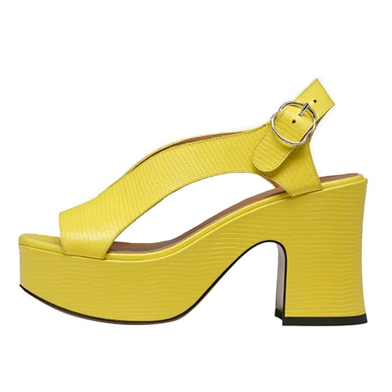 FSJ Women Chic Platform Chunky High Heel Buckle Sandals Round Open Toe V-cut Pumps Fashion Dress Block Heel Casual Shoes Size Size 11 Yellow