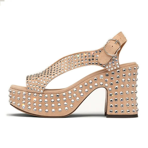 FSJ Women Chic Platform Chunky High Heel Buckle Sandals Round Open Toe V-cut Pumps Fashion Dress Block Heel Casual Shoes Size Size 14 Peachpuff Rhinestones