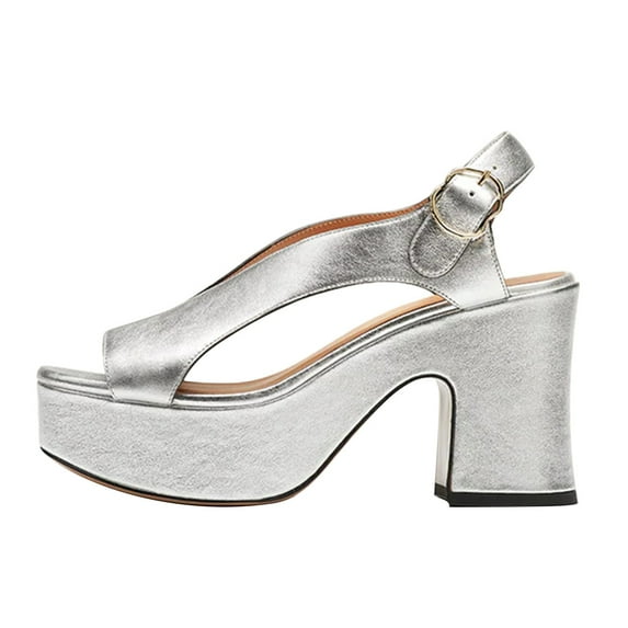 FSJ Women Chic Platform Chunky High Heel Buckle Sandals Round Open Toe V-cut Pumps Fashion Dress Block Heel Casual Shoes Size Size 14 Silver