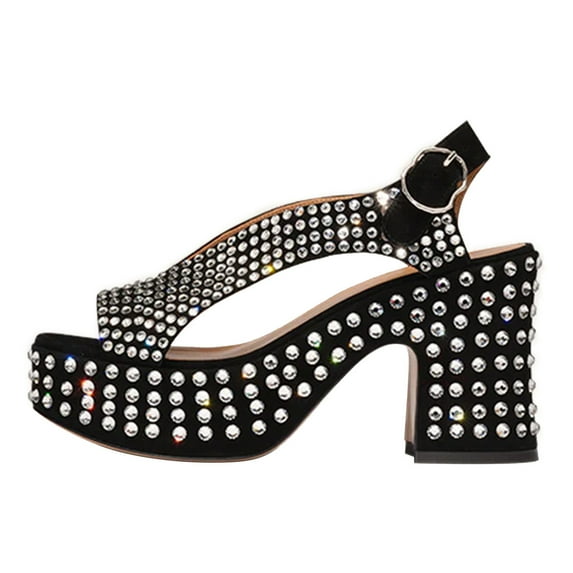 FSJ Women Chic Platform Chunky High Heel Buckle Sandals Round Open Toe V-cut Pumps Fashion Dress Block Heel Casual Shoes Size Size 8 Black Rhinestone