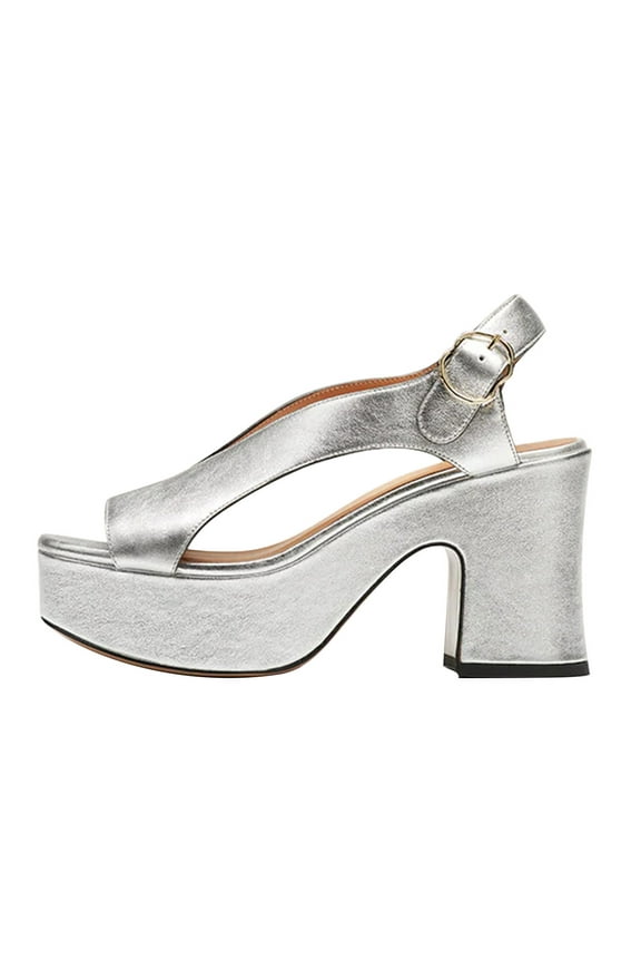 Women Chic Platform Chunky High Heel Buckle Sandals Round Open Toe V-cut Pumps Fashion Dress Block Heel Casual Shoes Size Size 8 Silver