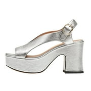 FSJ Women Chic Platform Chunky High Heel Buckle Sandals Round Open Toe V-cut Pumps Fashion Dress Block Heel Casual Shoes Size Size 8 Silver