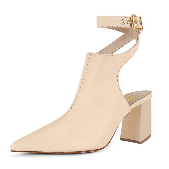 FSJ Women Chic Pointed Closed Toe Chunky High Heel Sandals Cross Buckled Ankle Strap Backless Booties Wedding Party Shoes Size 10 Nude