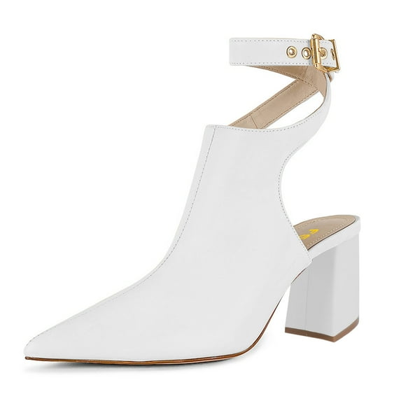FSJ Women Chic Pointed Closed Toe Chunky High Heel Sandals Cross Buckled Ankle Strap Backless Booties Wedding Party Shoes Size 10 White