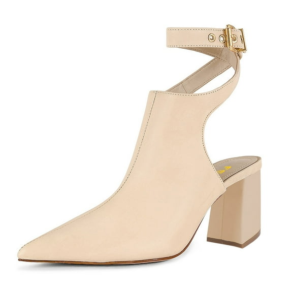 FSJ Women Chic Pointed Closed Toe Chunky High Heel Sandals Cross Buckled Ankle Strap Backless Booties Wedding Party Shoes Size 13 Nude