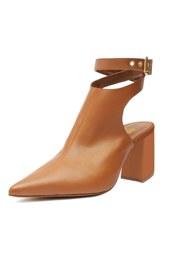Women Chic Pointed Closed Toe Chunky High Heel Sandals Cross Buckled Ankle Strap Backless Booties Wedding Party Shoes Size 14 Camel