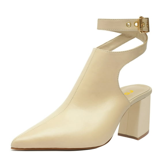 FSJ Women Chic Pointed Closed Toe Chunky High Heel Sandals Cross Buckled Ankle Strap Backless Booties Wedding Party Shoes Size 8 Cream Matte