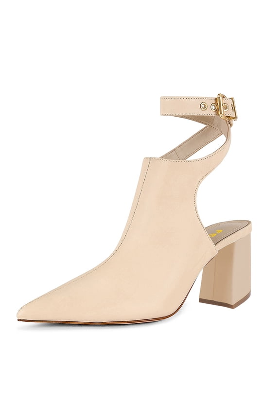 Women Chic Pointed Closed Toe Chunky High Heel Sandals Cross Buckled Ankle Strap Backless Booties Wedding Party Shoes Size 9 Nude