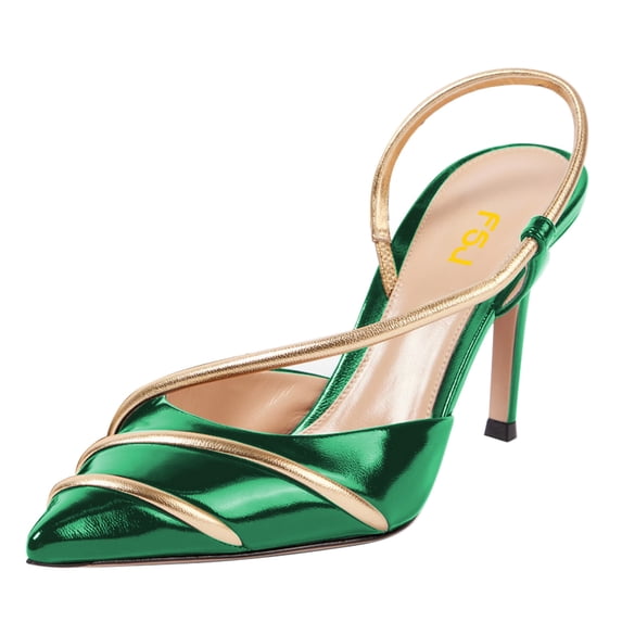 FSJ Women Chic Pointed Closed Toe Stiletto High Heels Slingback Pumps Gold Thin Ankle Strap Sandals Dressy Shoes Size 10.5 Green