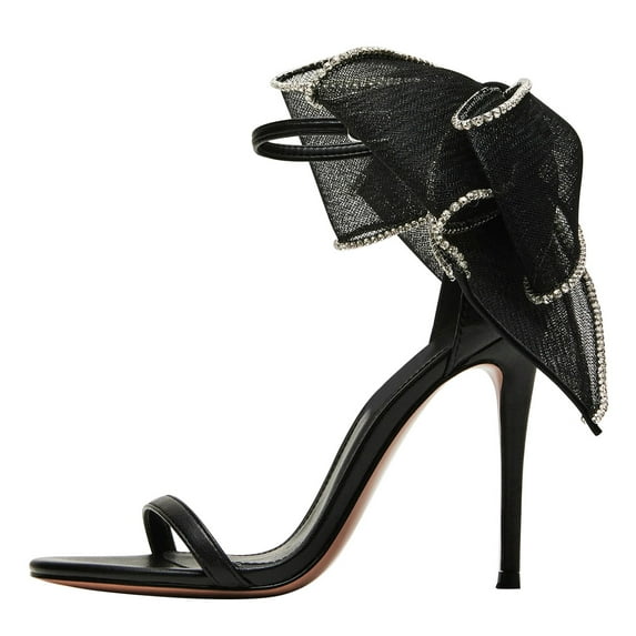 FSJ Women Chic Rhinestone Pearl Mesh Bow Knot Sandals Open Toe One Strap Stiletto Heels Pumps Bridal Wedding Dress Shoes Size 13 Black